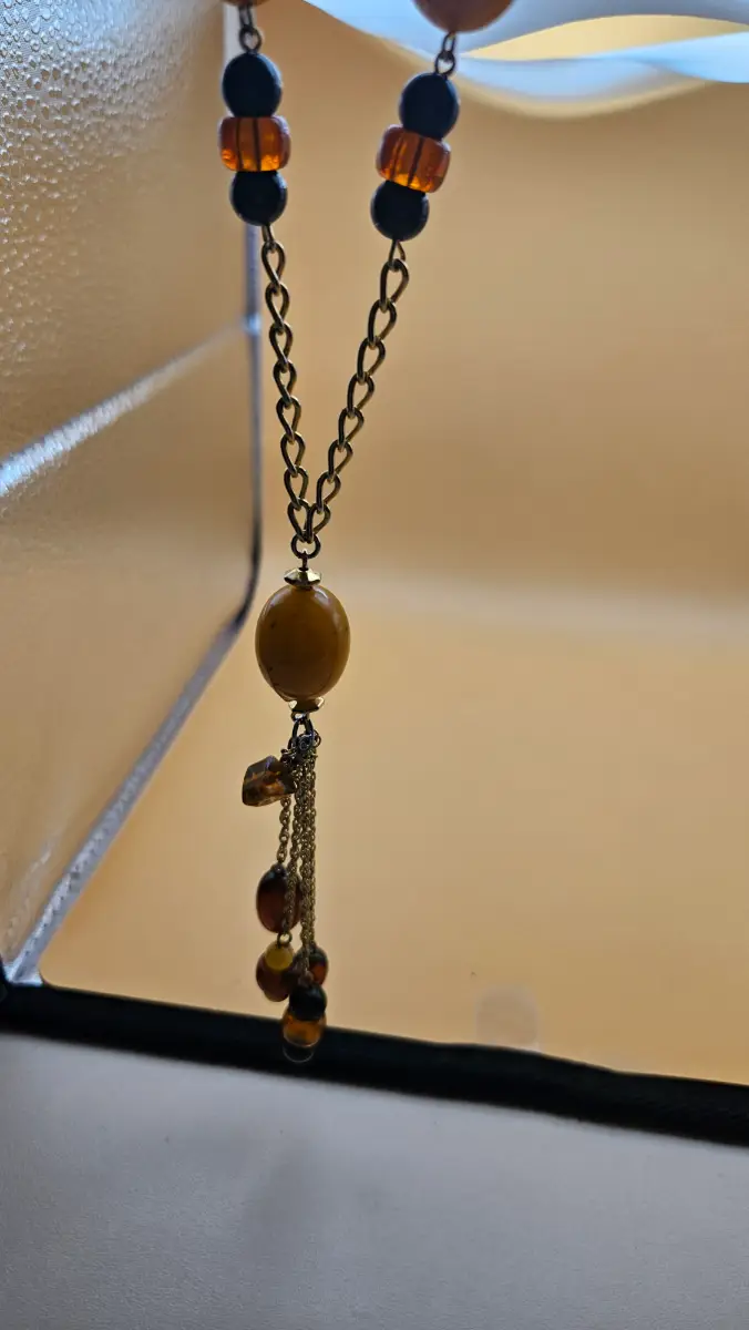 Vintage-Style Faux Amber & Earth-Tone Beaded Tassel Necklace