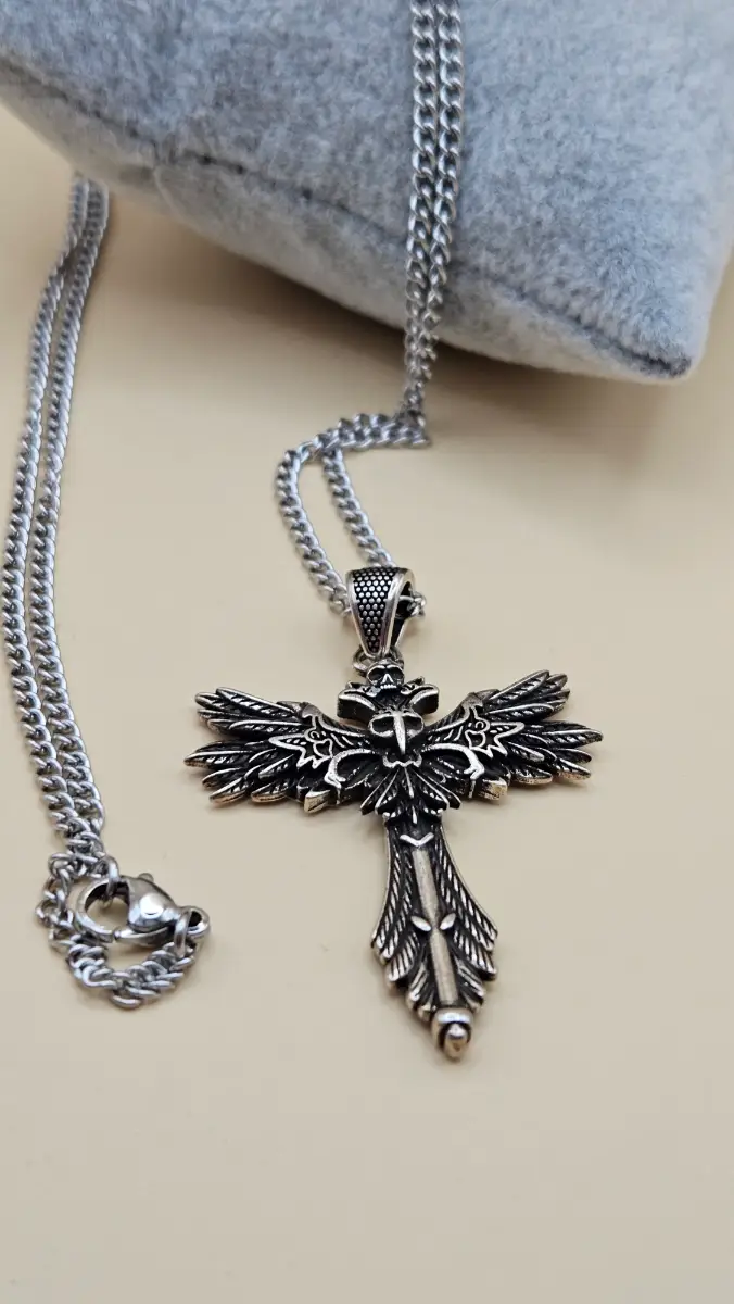 Gothic style Horus cross with wings pendant necklace in antique silver tone