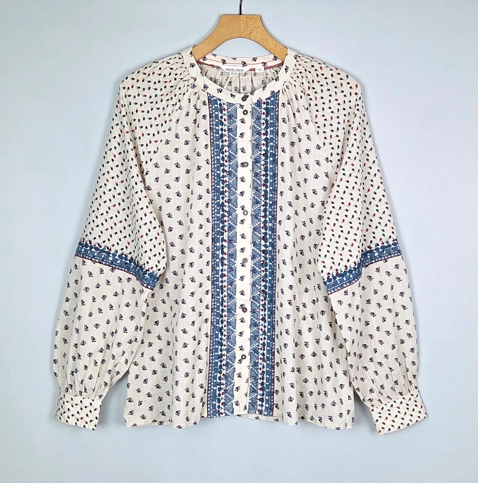 White Stuff Blue Embroidered Oversized Boho Blouse Size 14