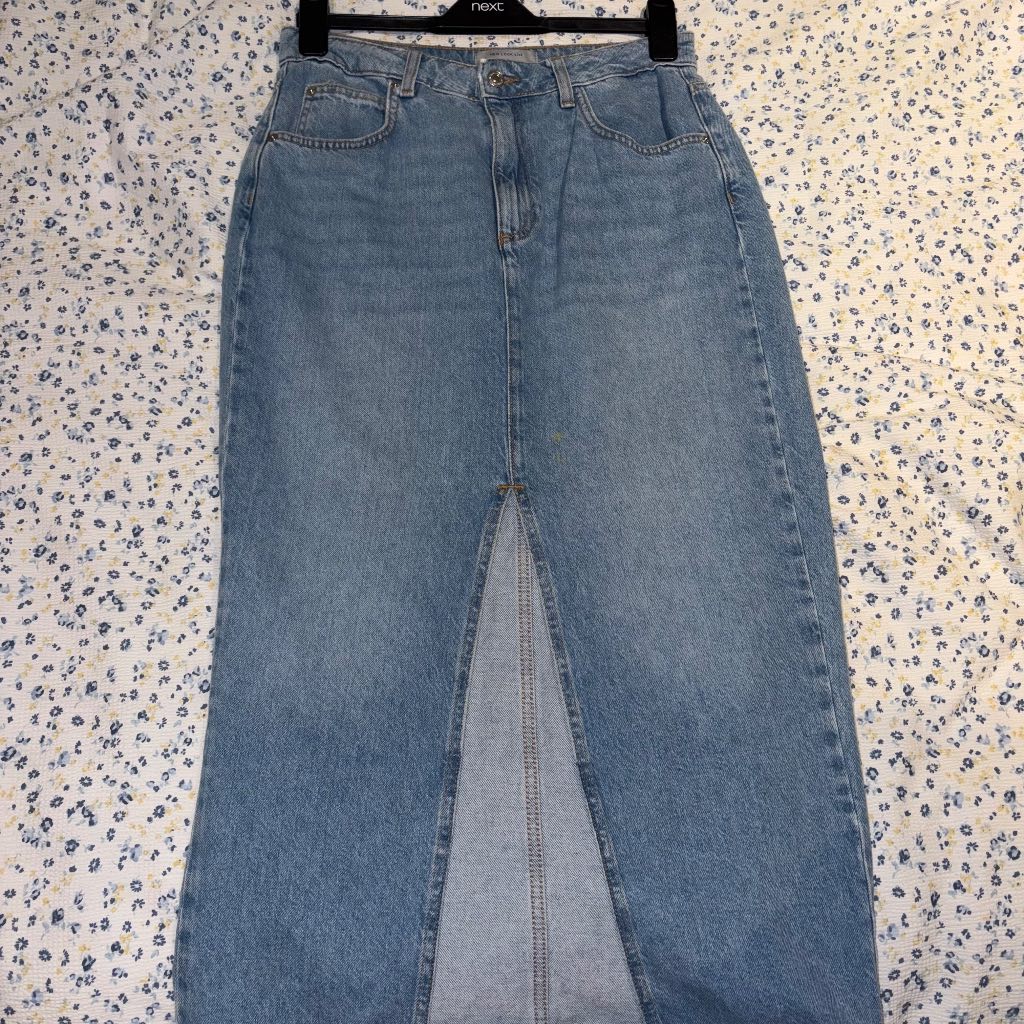 New look blue denim maxi skirt with split in the front