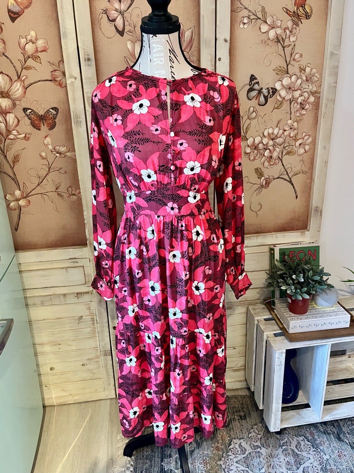 Vintage Per Una Women’s Pink & Burgundy Floral Midi Dress UK 10