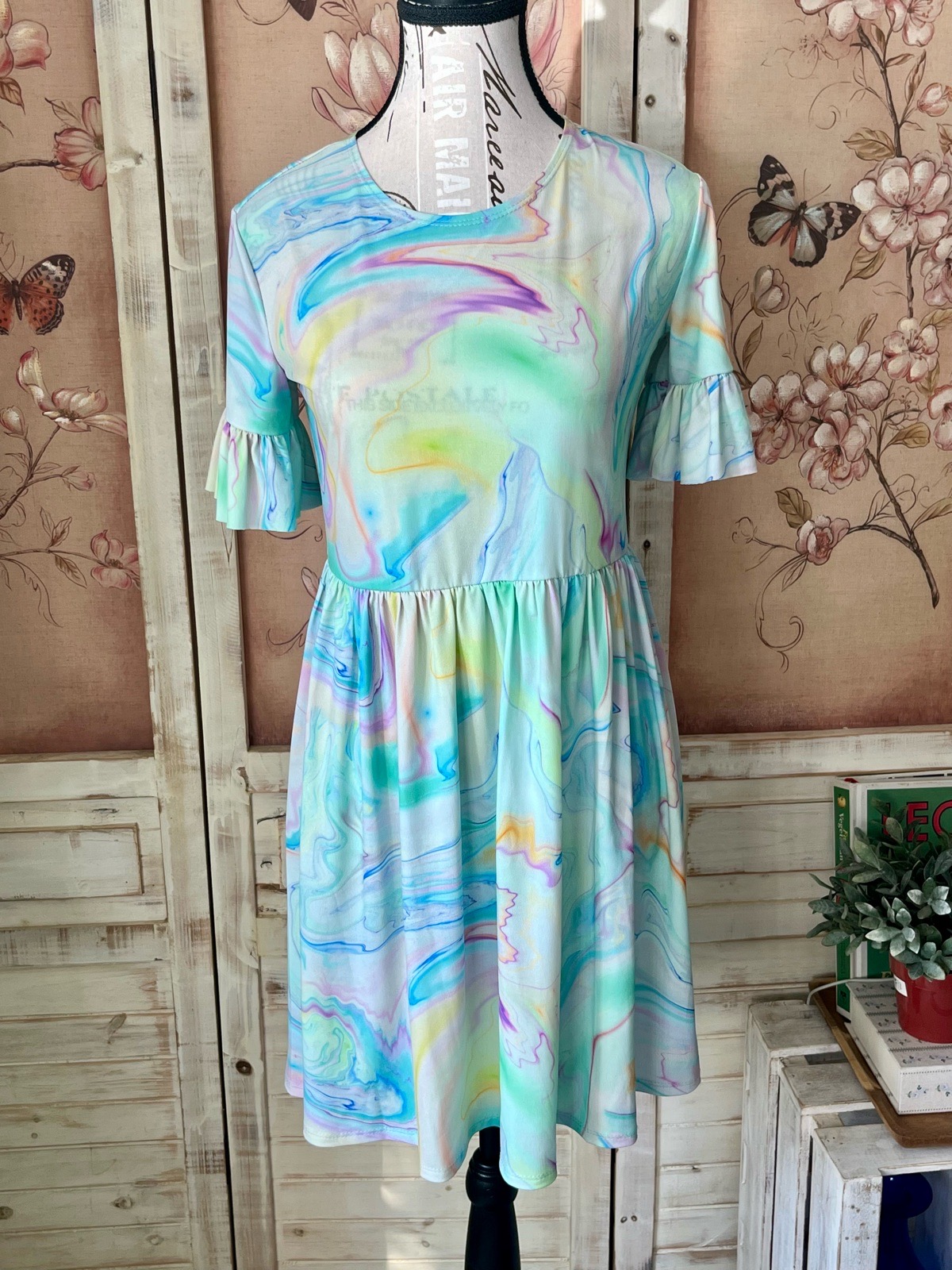 Flounce London Marble Print Pastel Mini Smock Dress UK 10
