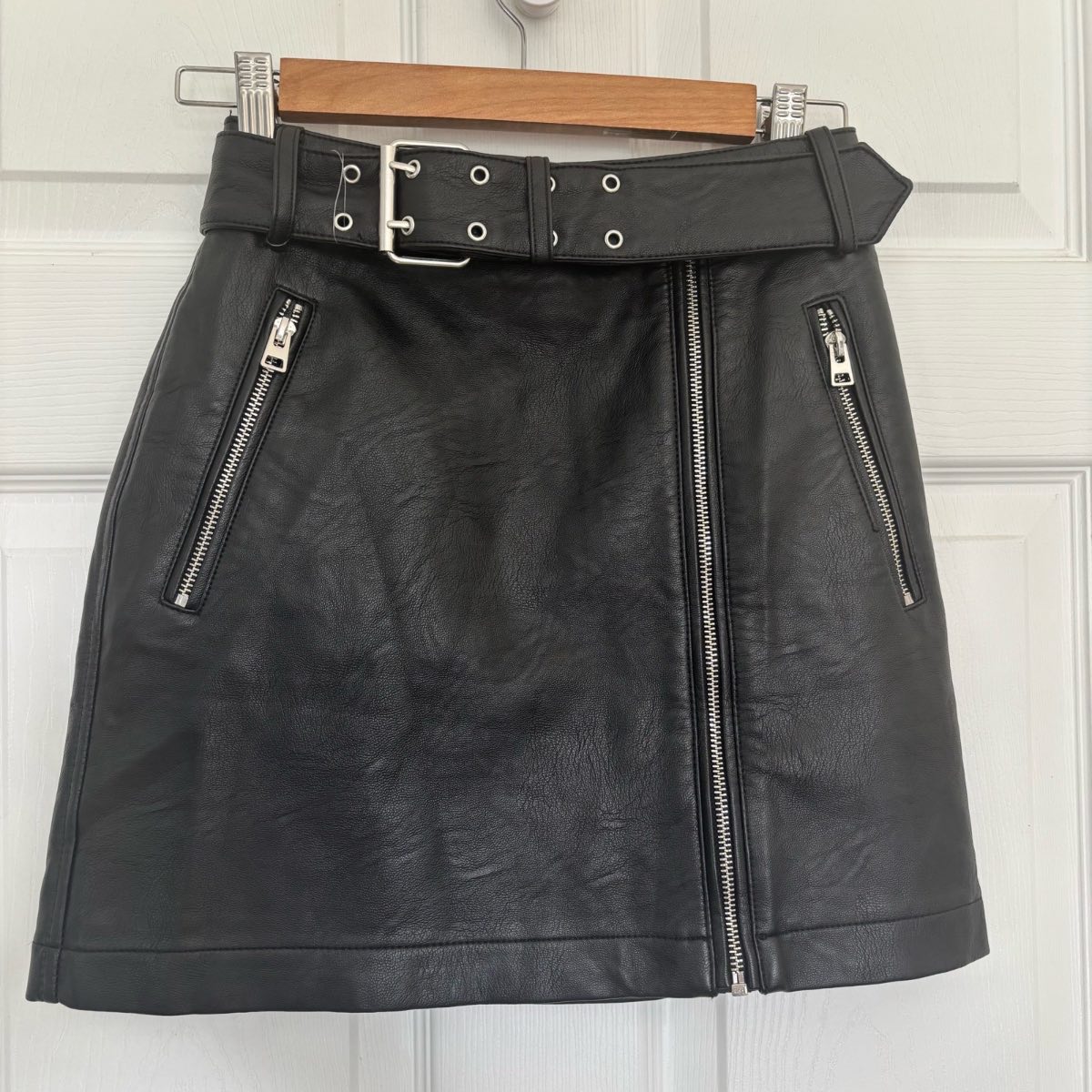 Topshop Black Faux Leather Belted Zip Mini Skirt UK 6 Biker Rocker A-Line
