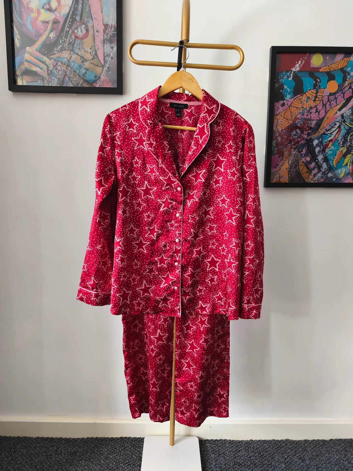 New Look Star Print Red Satin Pyjama Set, Size 12