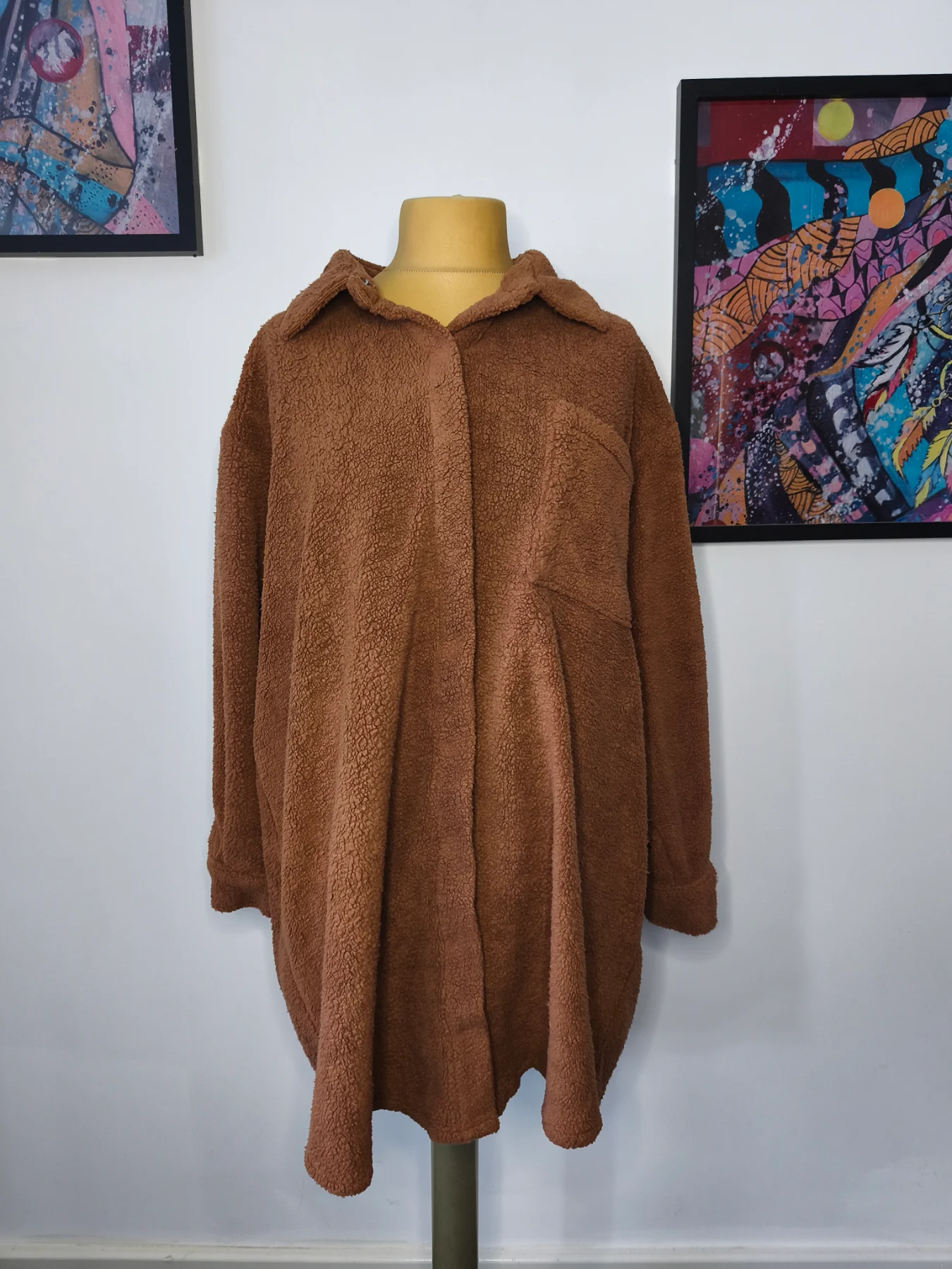 Collusion Brown Oversized Teddy Borg Fleece Shirt Jacket, Size 16