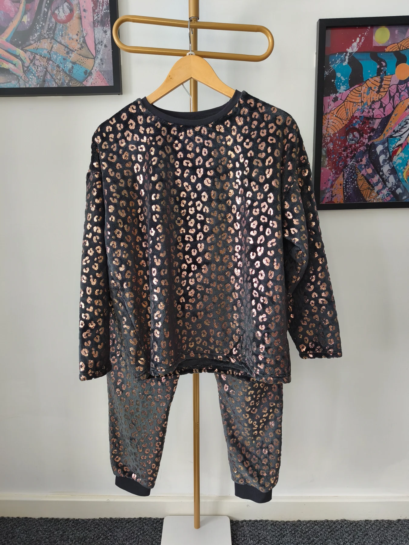 Nutmeg Black & Gold Leopard Print Pyjama Set, Size 12-14