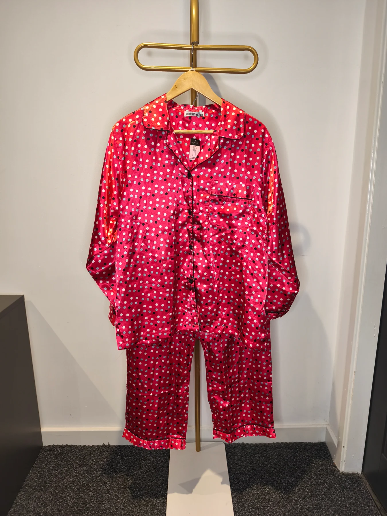 La Belle Femme Red Polka Dot Satin Long Sleeve Pyjama Set, Size 18-20