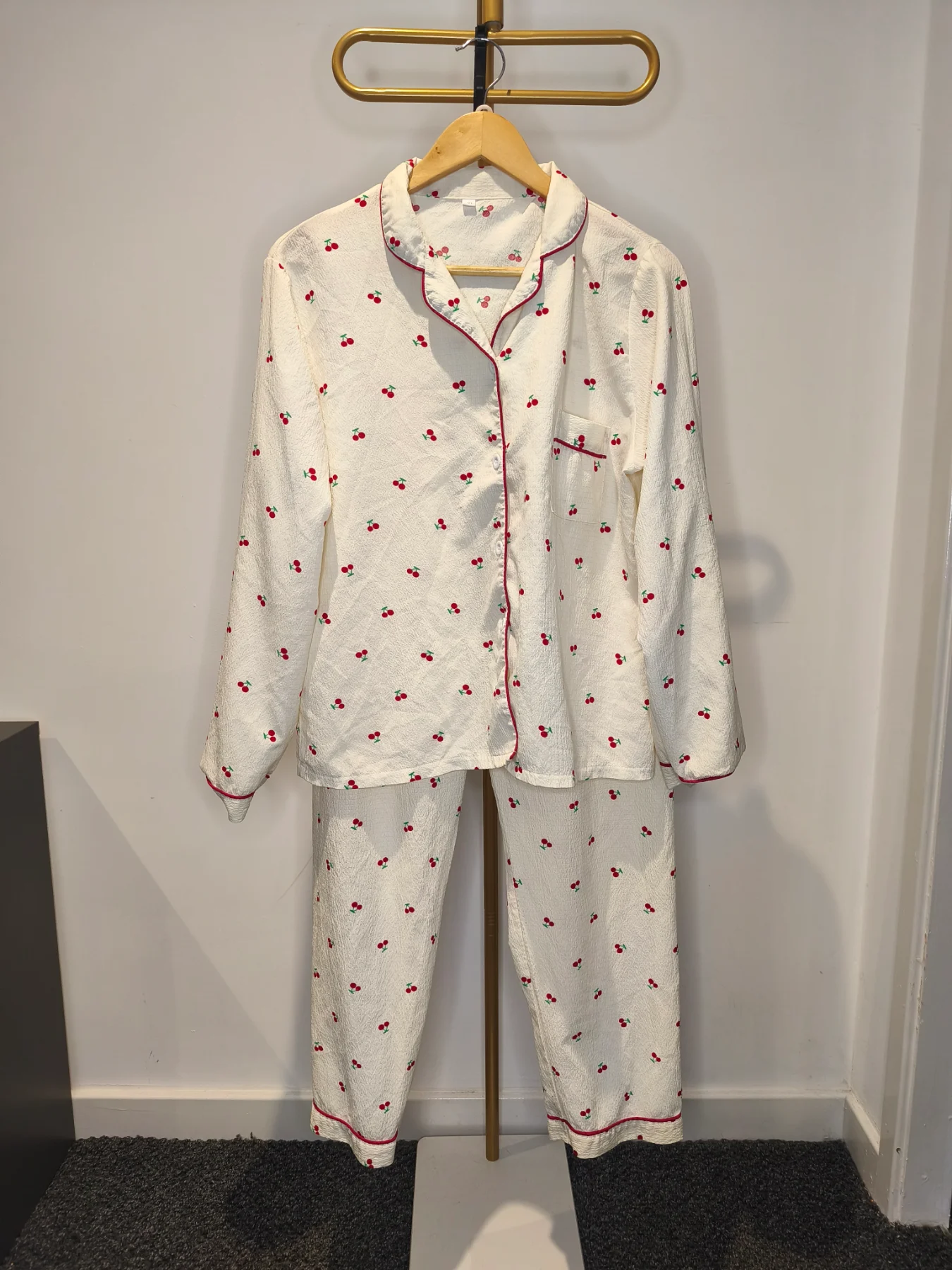 Cherry Print Cream Crinkle Pajama Set, Size XL
