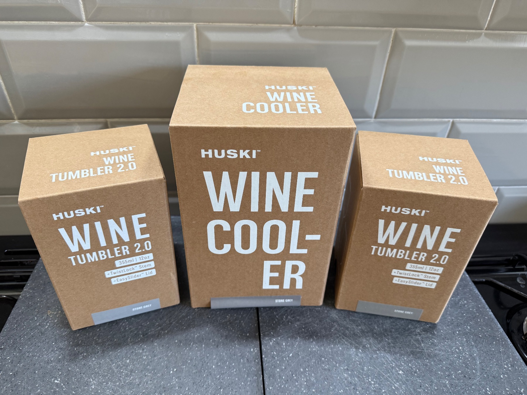 Stone Grey Huski wine cooler and matching wine tumblers