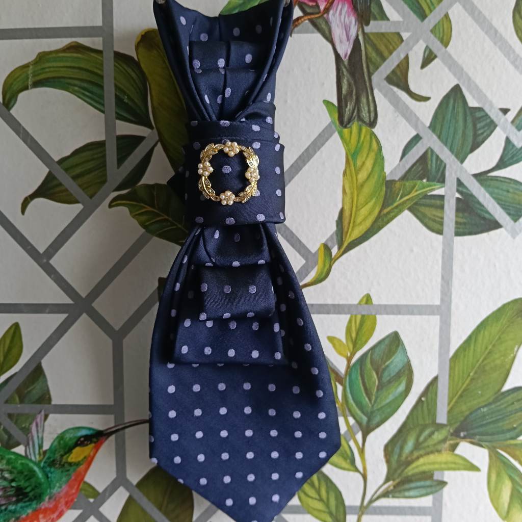 Reworked neck tie necklace navy purple polka dot gold pearl brooch