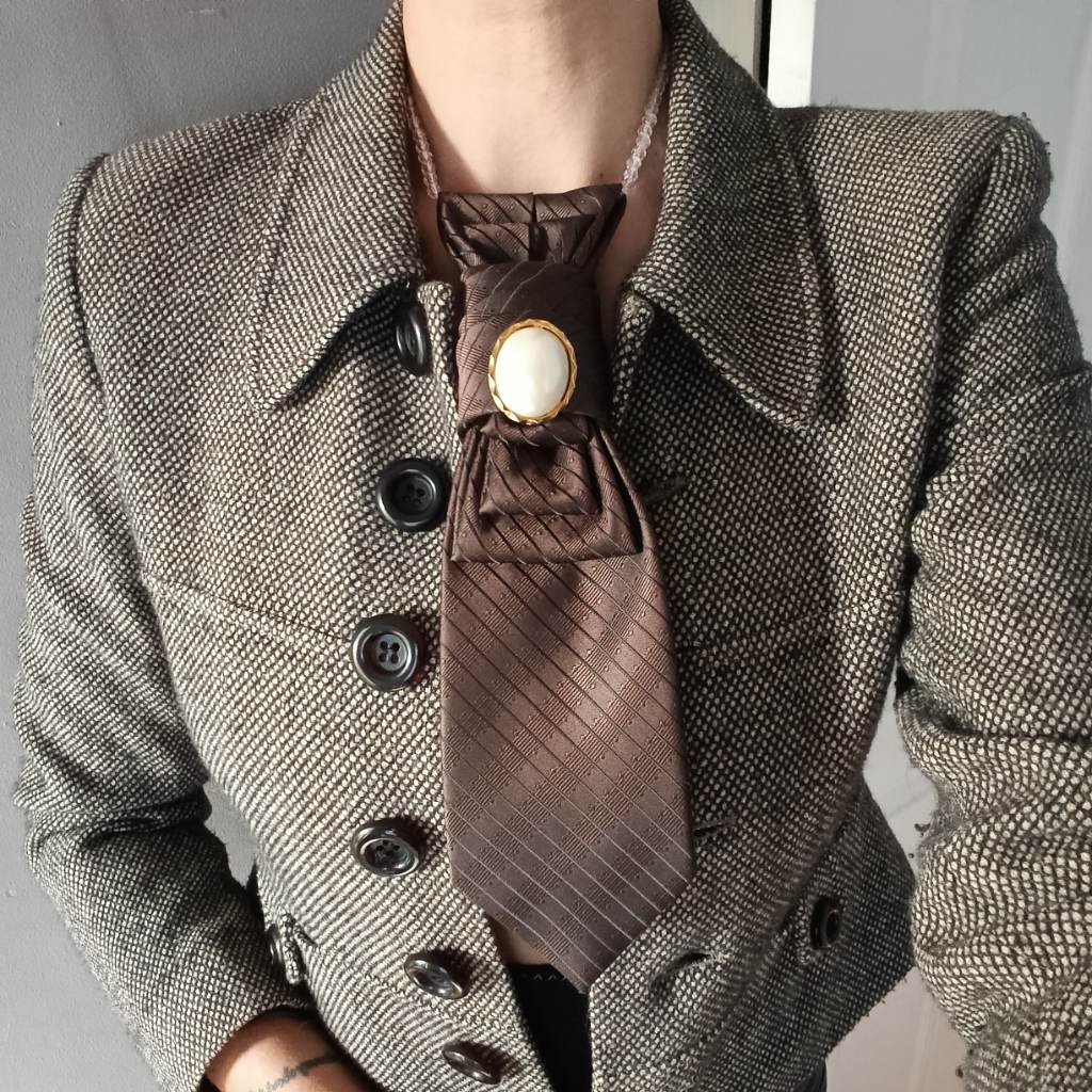 Reworked neck tie brown striped gold pearl brooch embellishment