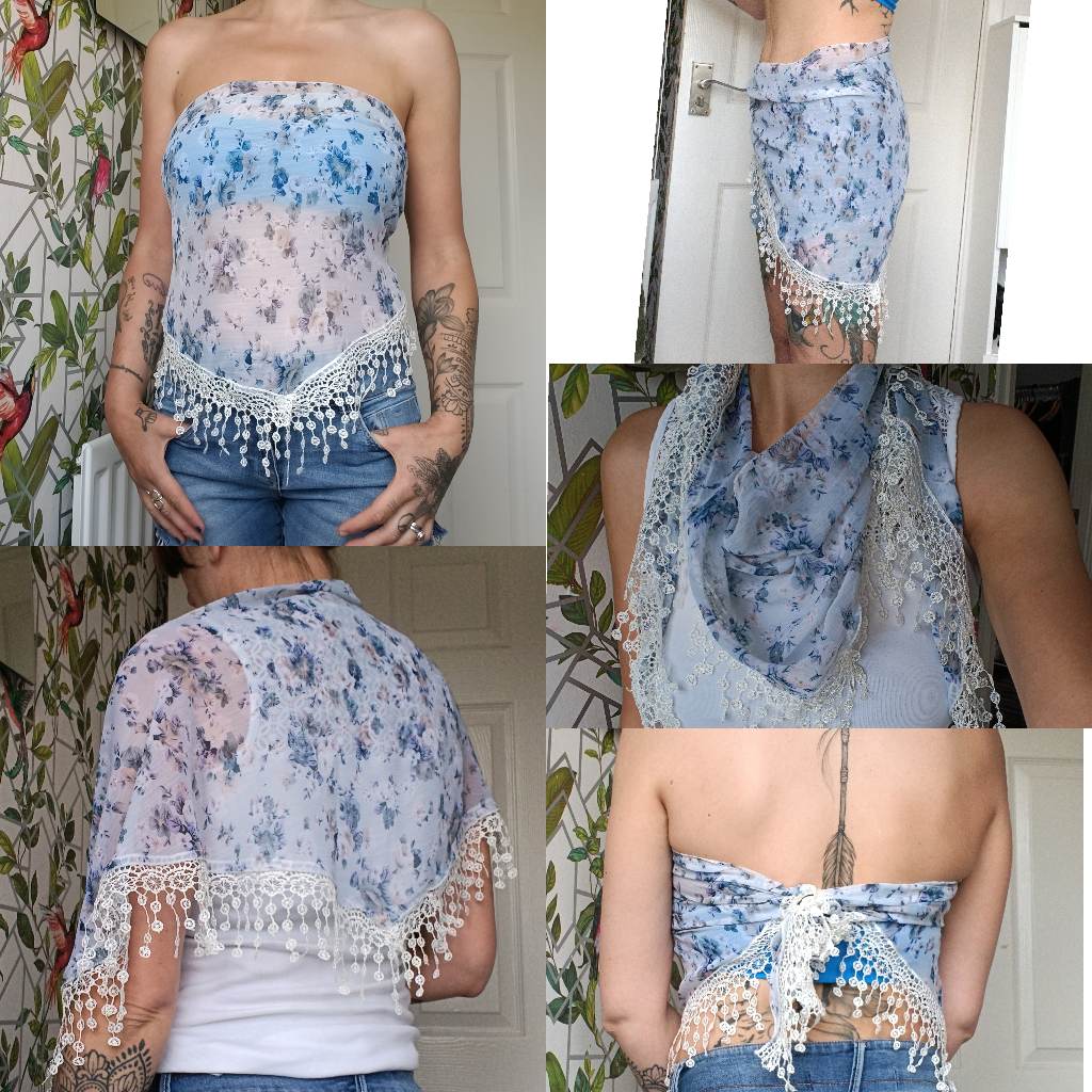 A cottage core boho triangle scarf