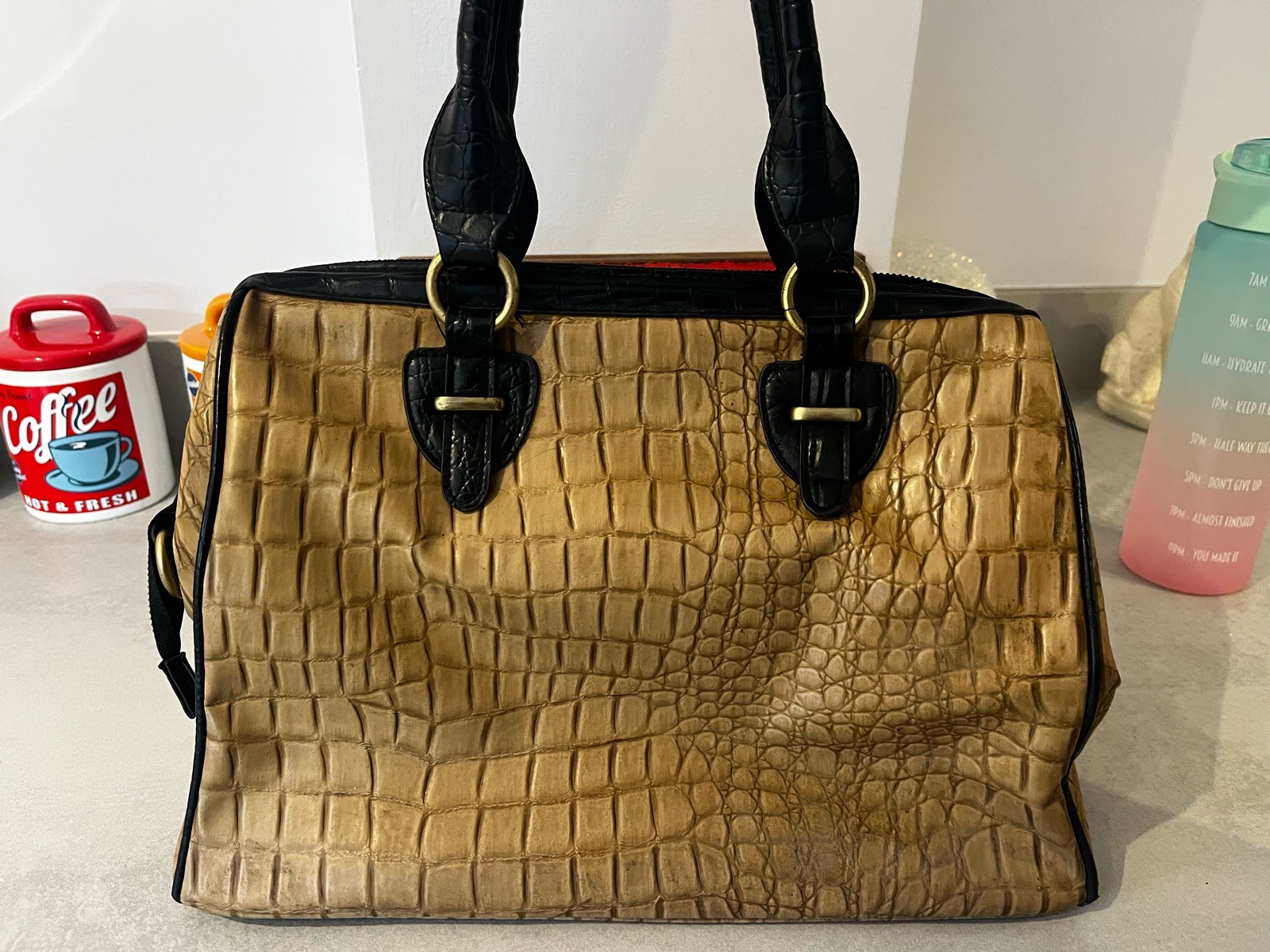 Topshop Vintage Bag Tan Beige Faux Croc Doctor Bag Y2K 00’s Handbag Structured