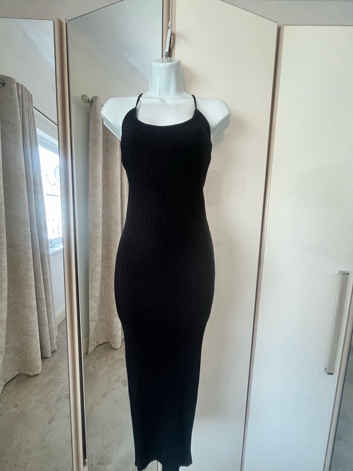 ZARA Black Ribbed Backless Maxi Dress Size M 10-12 Slinky Racer Back Stretch RRP £39.99