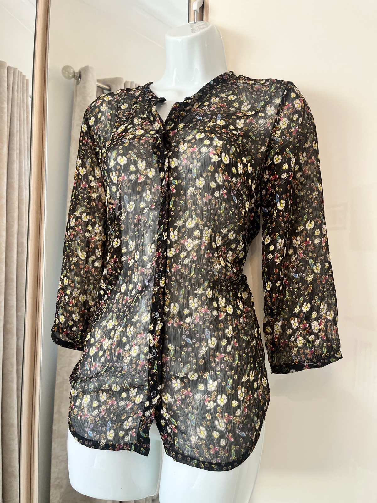 French Connection Floral Sheer Shirt Blouse UK 6 Cottagecore Coquette Y2K 90s Summer