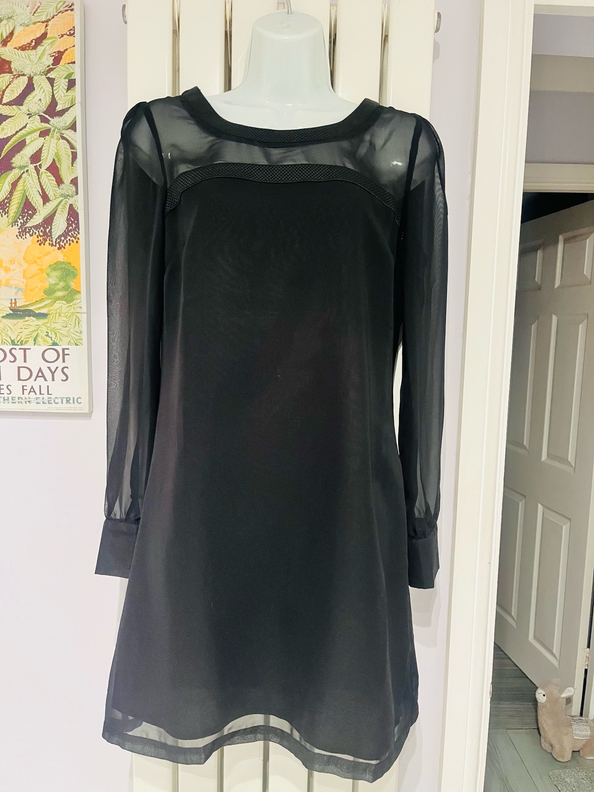 Ben Sherman S Black Sheer Mini Dress Leather Trim Y2K