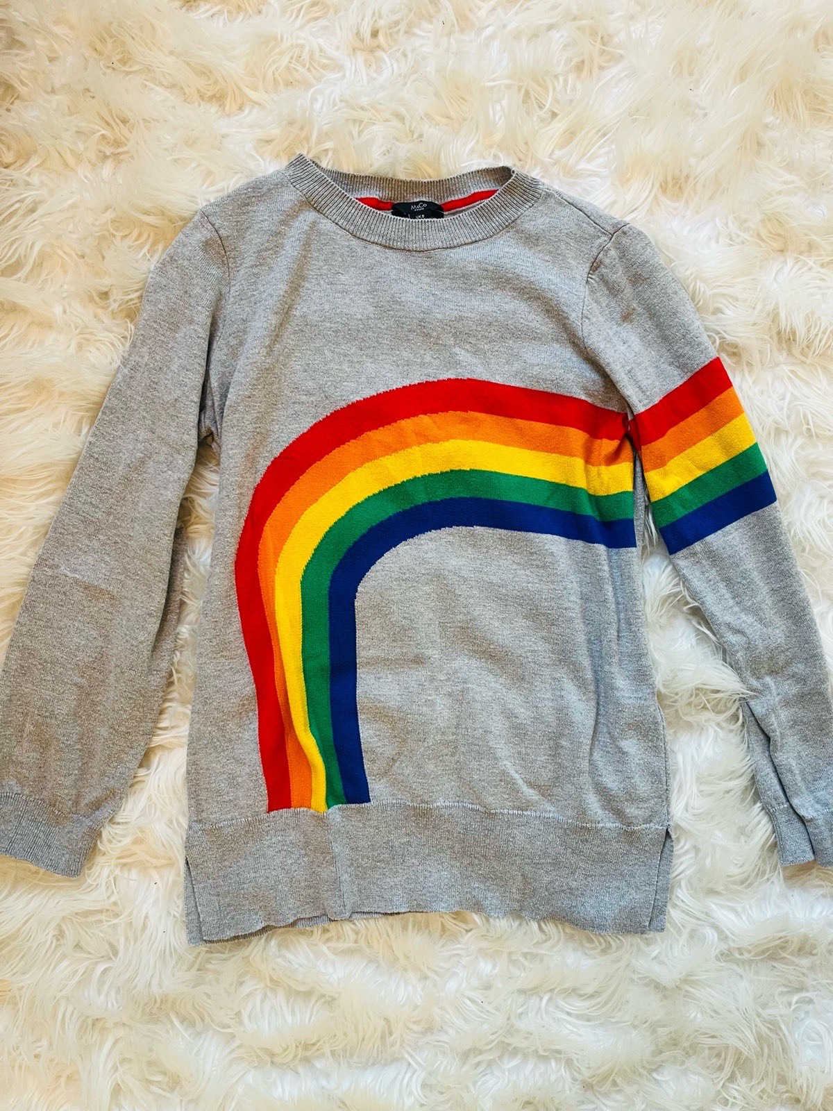 M&Co Petite Grey Rainbow Knit Jumper UK 8 Retro Y2K 90s 00s Lightweight Pride Casual