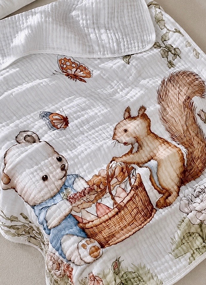 Premium 6-Layer Muslin Baby Blanket – Bear & Squirrel Floral Design – Soft Cotton Nursery Blanket