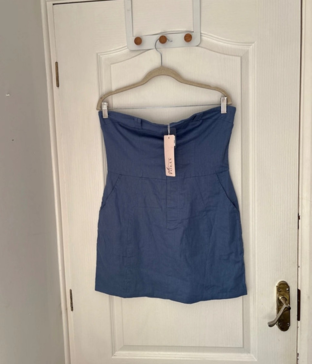 Oh Polly Blue Linen Blend Fitted Summer Wedding Guest Holiday Cruise Dress Size 14