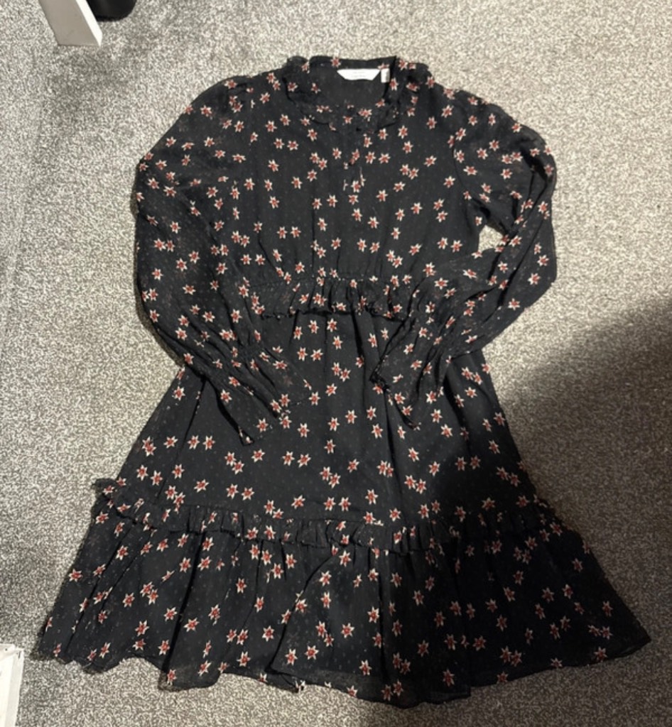 &Other Stories Black Floral Sheer Sleeve Skater Style Tea Dress Work Attire Casual XS