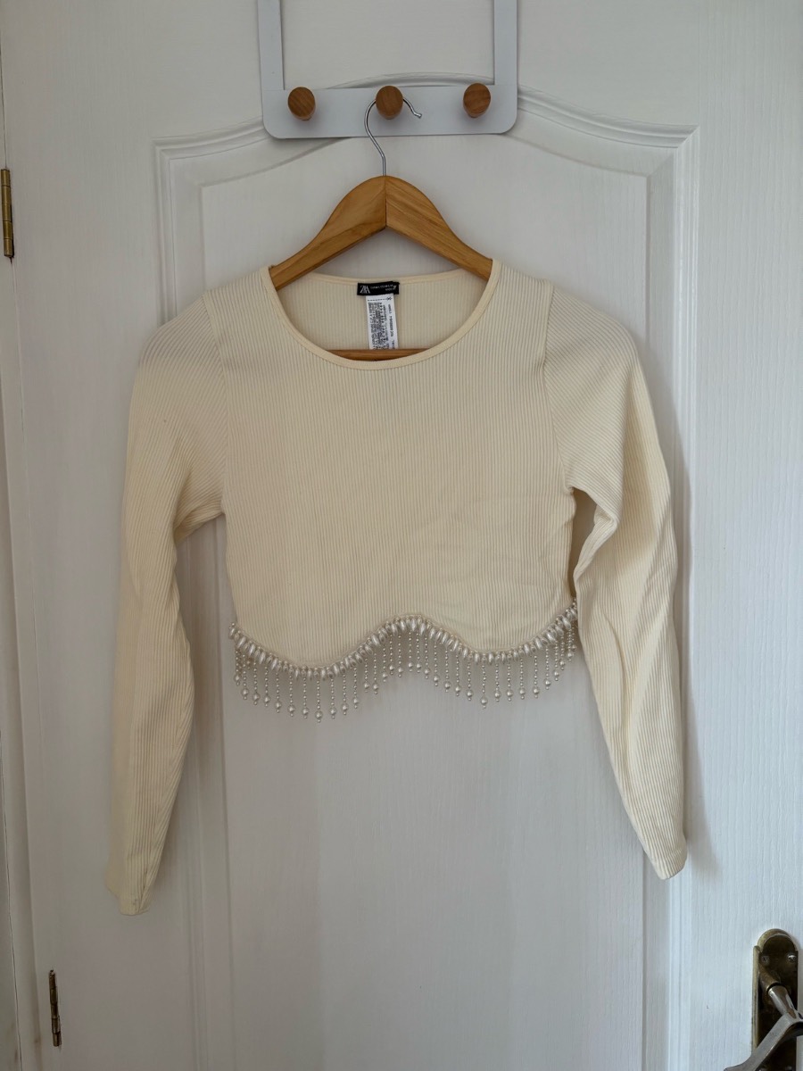 Zara Cream Ribbed Cropped Beaded Tassle Top Summer Holiday Garden Party Festival