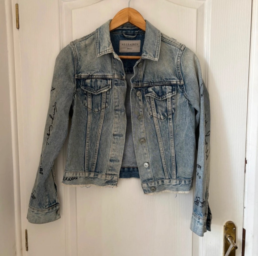 AllSaints Denim Graffiti Embroidered Summer Festival Boho Chic Denim Jacket
