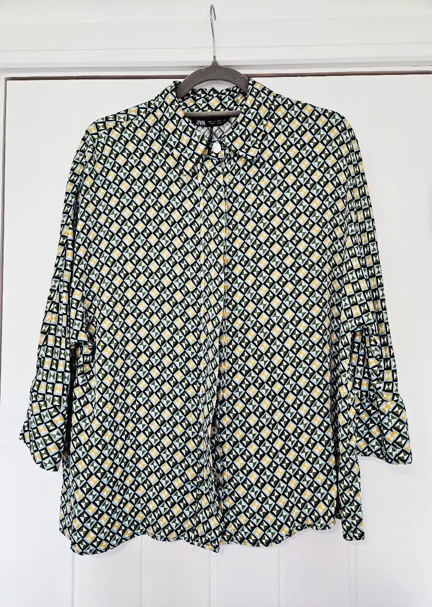 New Zara Smart 3/4 Sleeve Blouse Shirt Top. Size S 8? Green Mustard Blue Work Office