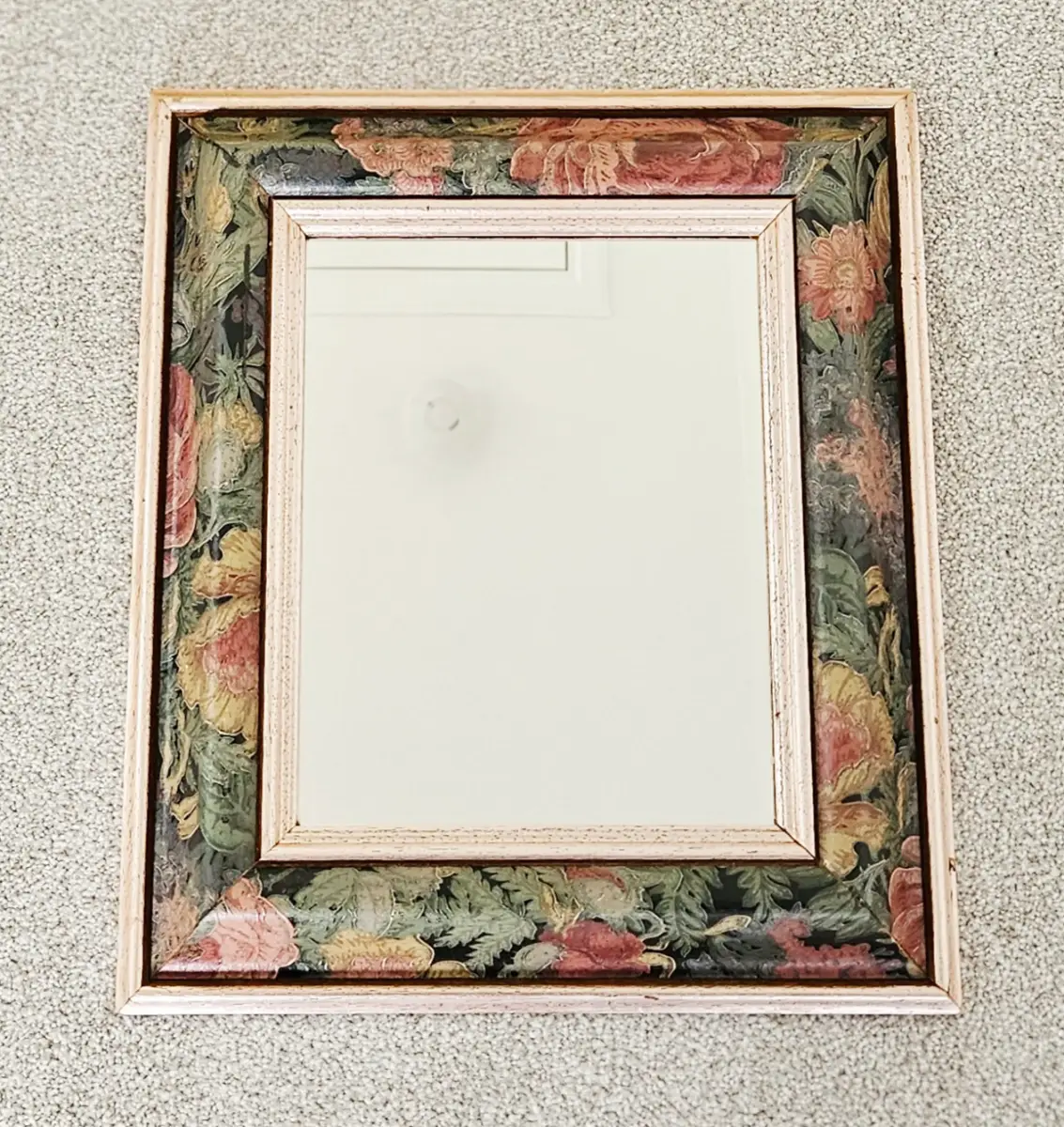 Vintage 1980s Floral frame Wall Mirror Black Pink Green Rectangle 15'' x 12.5''