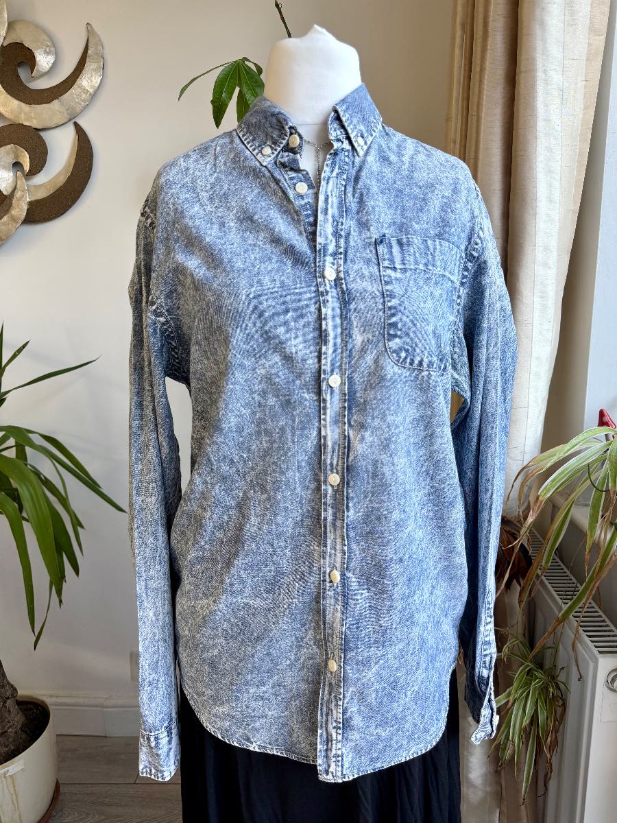 River Island 100% Cotton Washed Tie Dye Denim Blue White Collard Shirt Size M