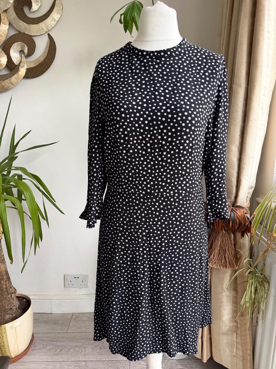Next Black White Polka Dot Dress Size 12 Grandad Collard Flattering 100% Viscose