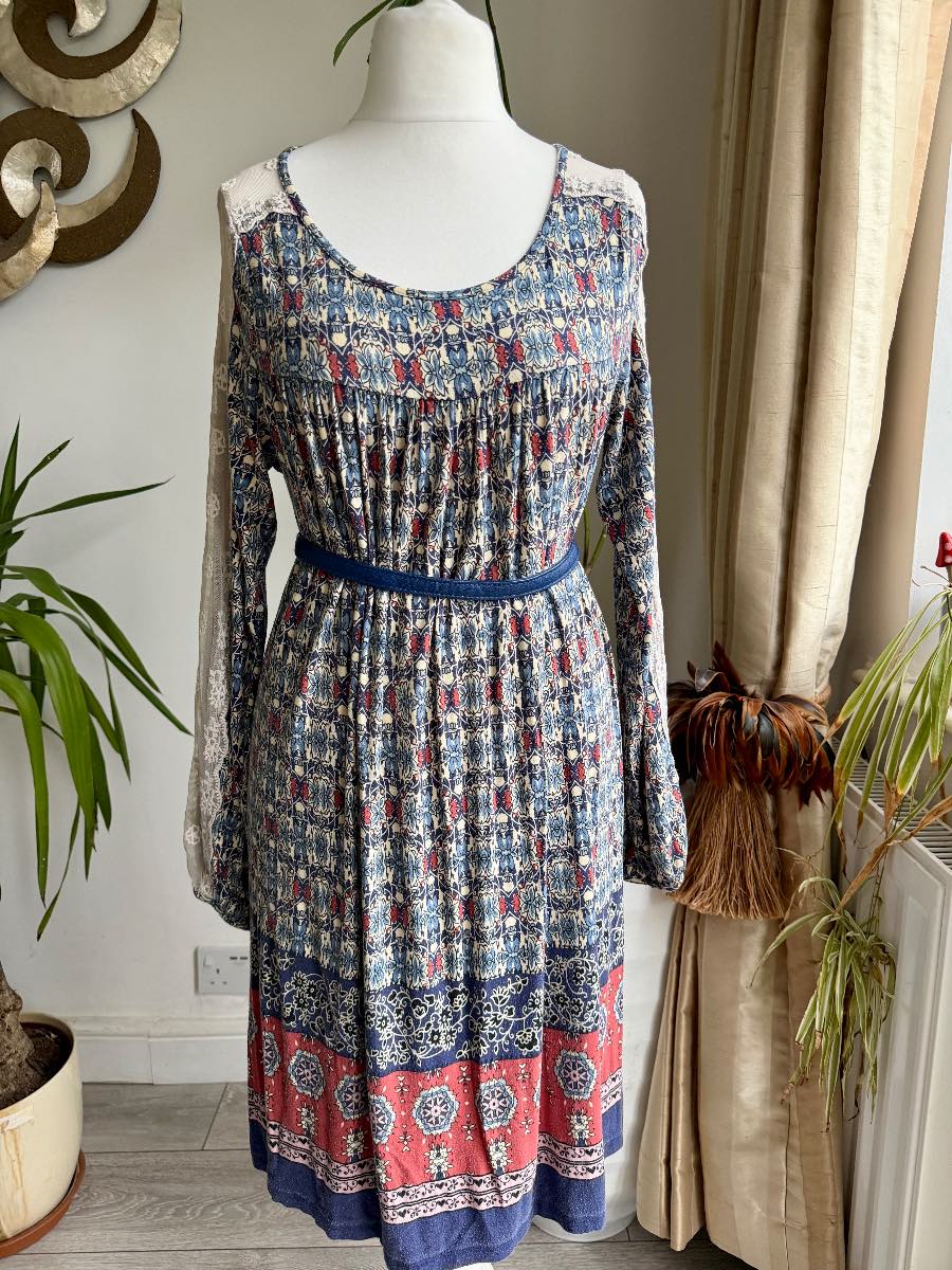 South Navy Red Blue Pink Bohemian Jersey Dress Size 12 Lace Inserted Very Comfy