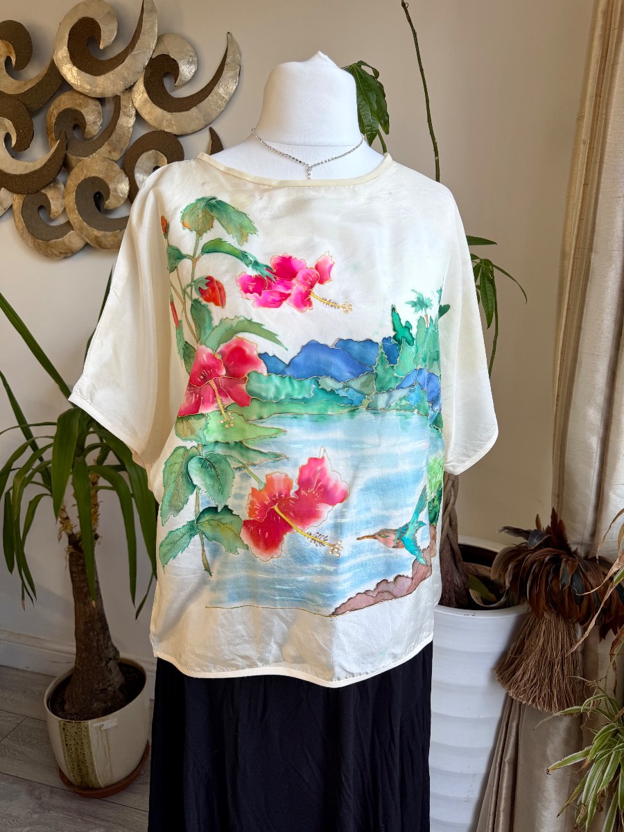 100% Silk Hand Painted Birds Flowers Top Cream Blue Short Sleeves Summer Blouse
