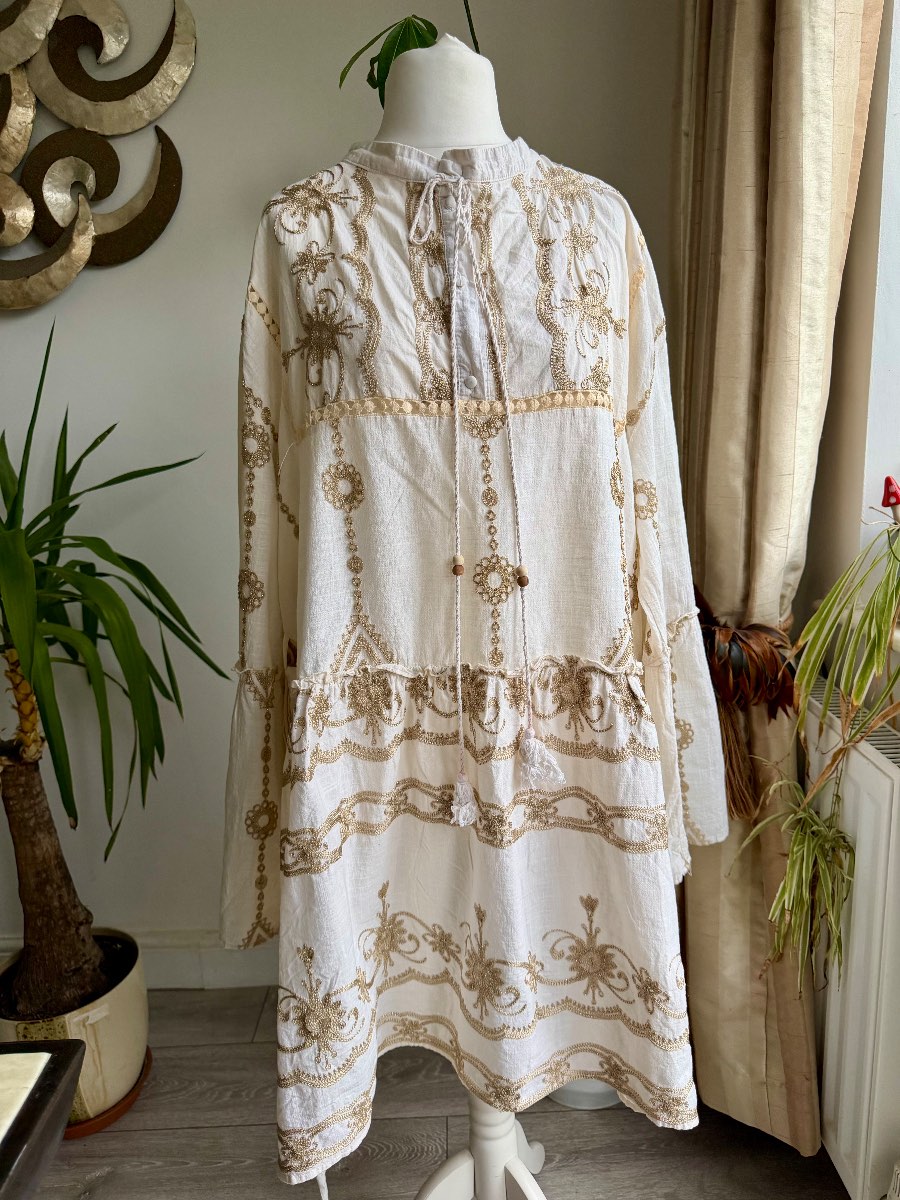 Ecru Gold Embroidered Linen Blend Cotton Layered Dress Size 16 Flare 3/4 Sleeves