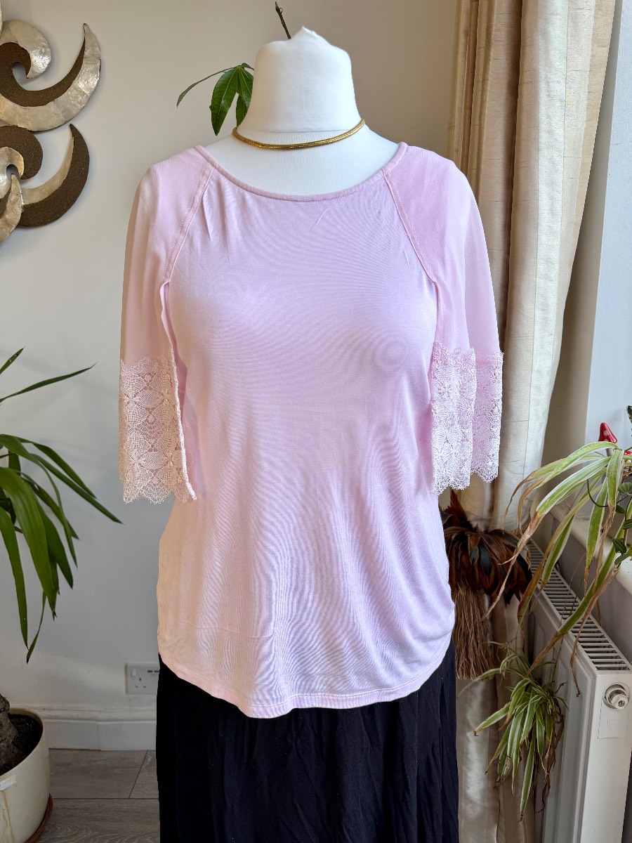 Laura Ashley Pink Viscose Super Soft Top T Shirt Blouse 3/4 Sleeves With Laces