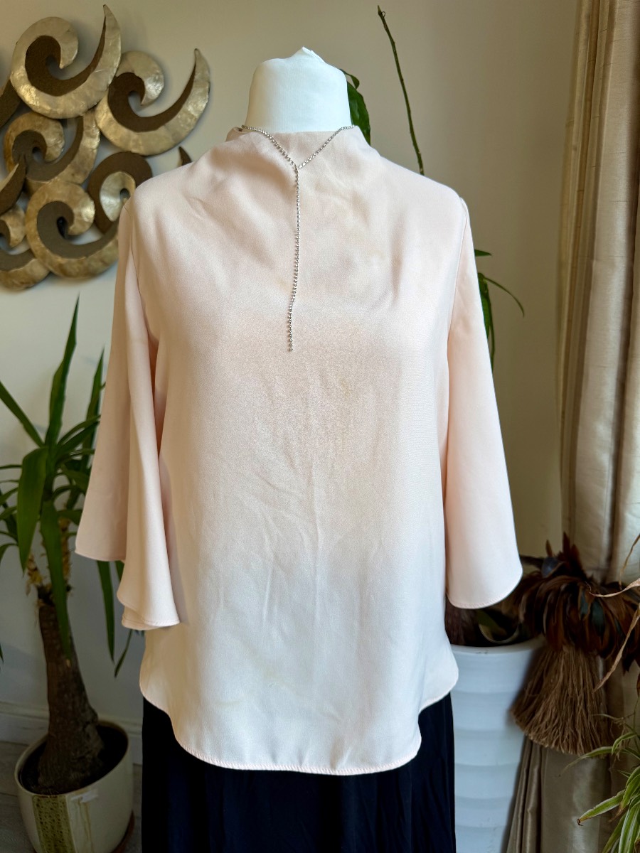 River Island Nude Beige Top Size 12 Flared 3/4 Sleeved Open Back Summer Blouse
