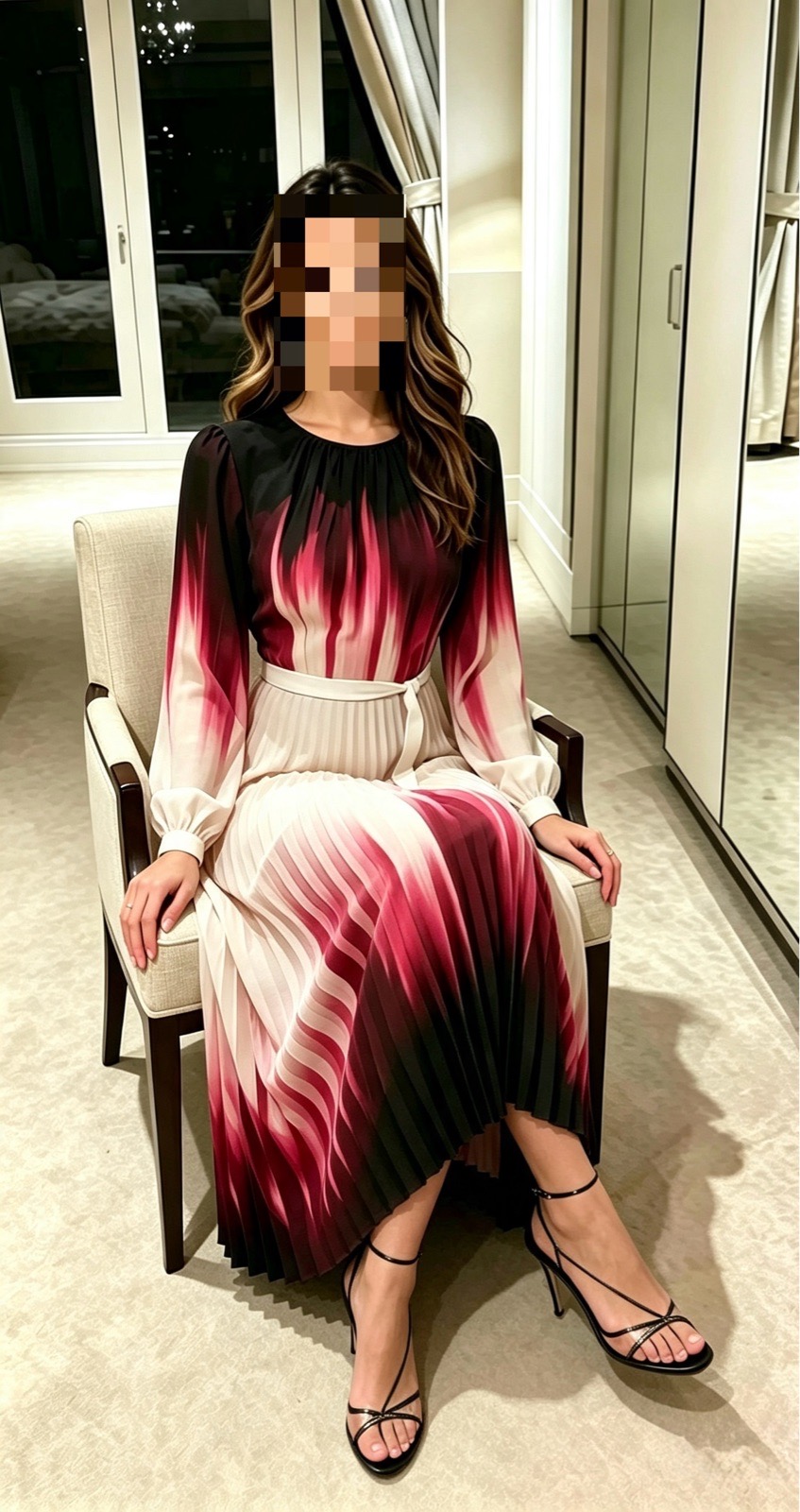 M&S Beautiful Pleated Midi Dress Black/Pink/Cream Tie-Dye