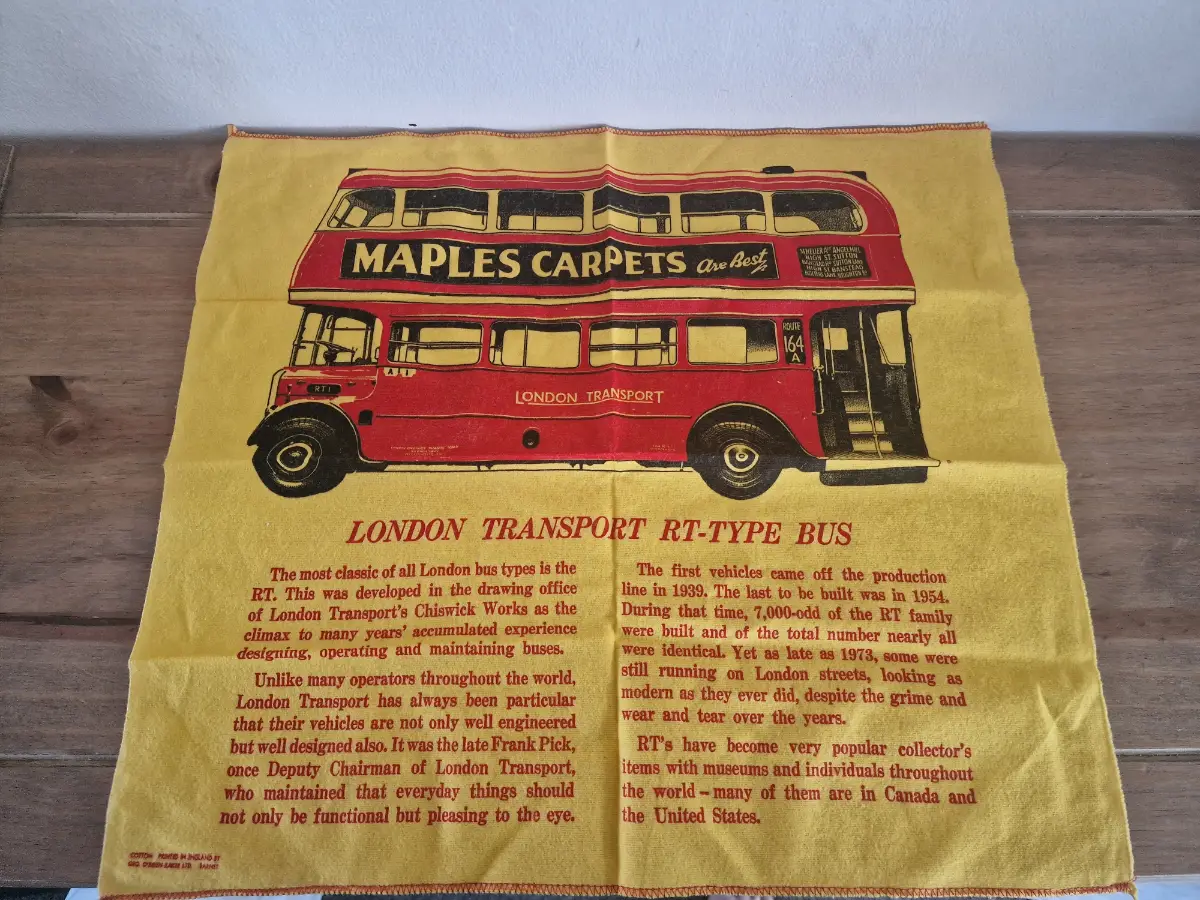 Vintage London Transport RT-Type Bus Commemorative Cotton Duster Towel, Maples Carpets