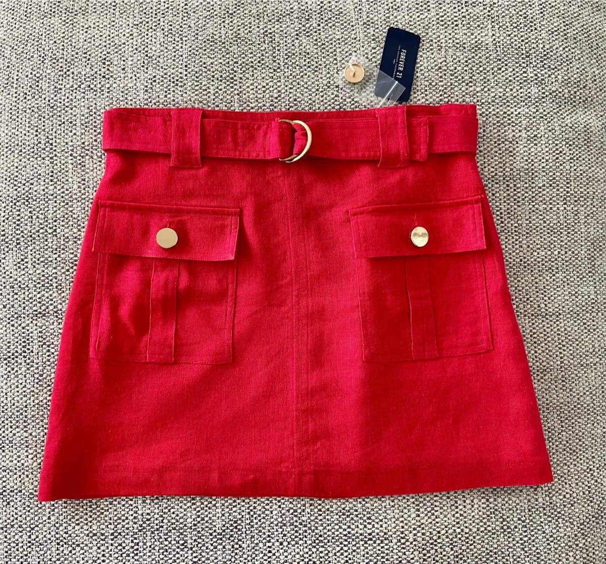 Forever 21 Red Linen Blend Utility Mini Skirt UK 10 Size 28 BNWT