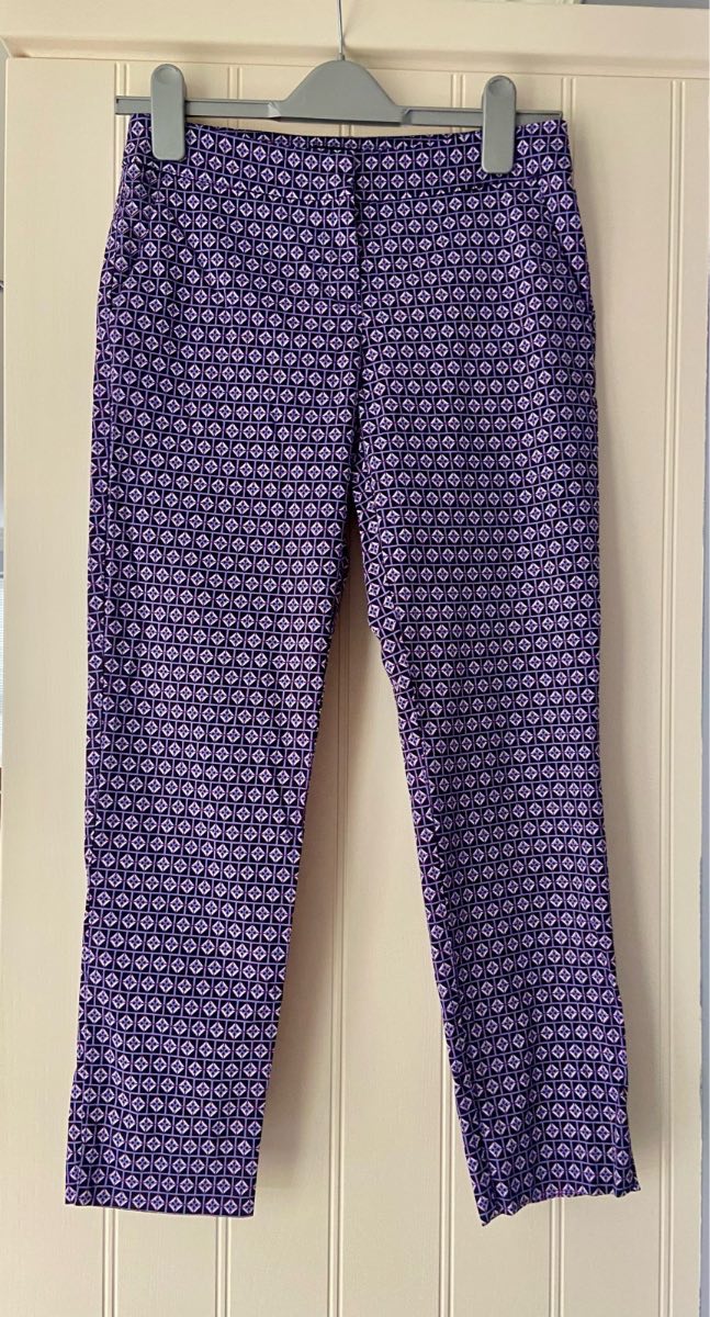 Warehouse Purple Geometric Slim Trousers UK 8 | Cotton Stretch