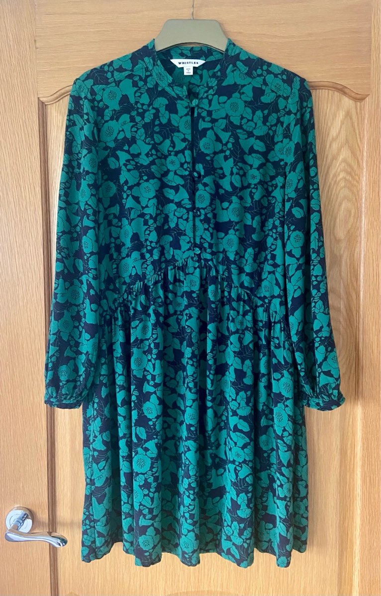 Whistles Emerald Green & Navy Floral Smock Midi Dress UK 10 Viscose