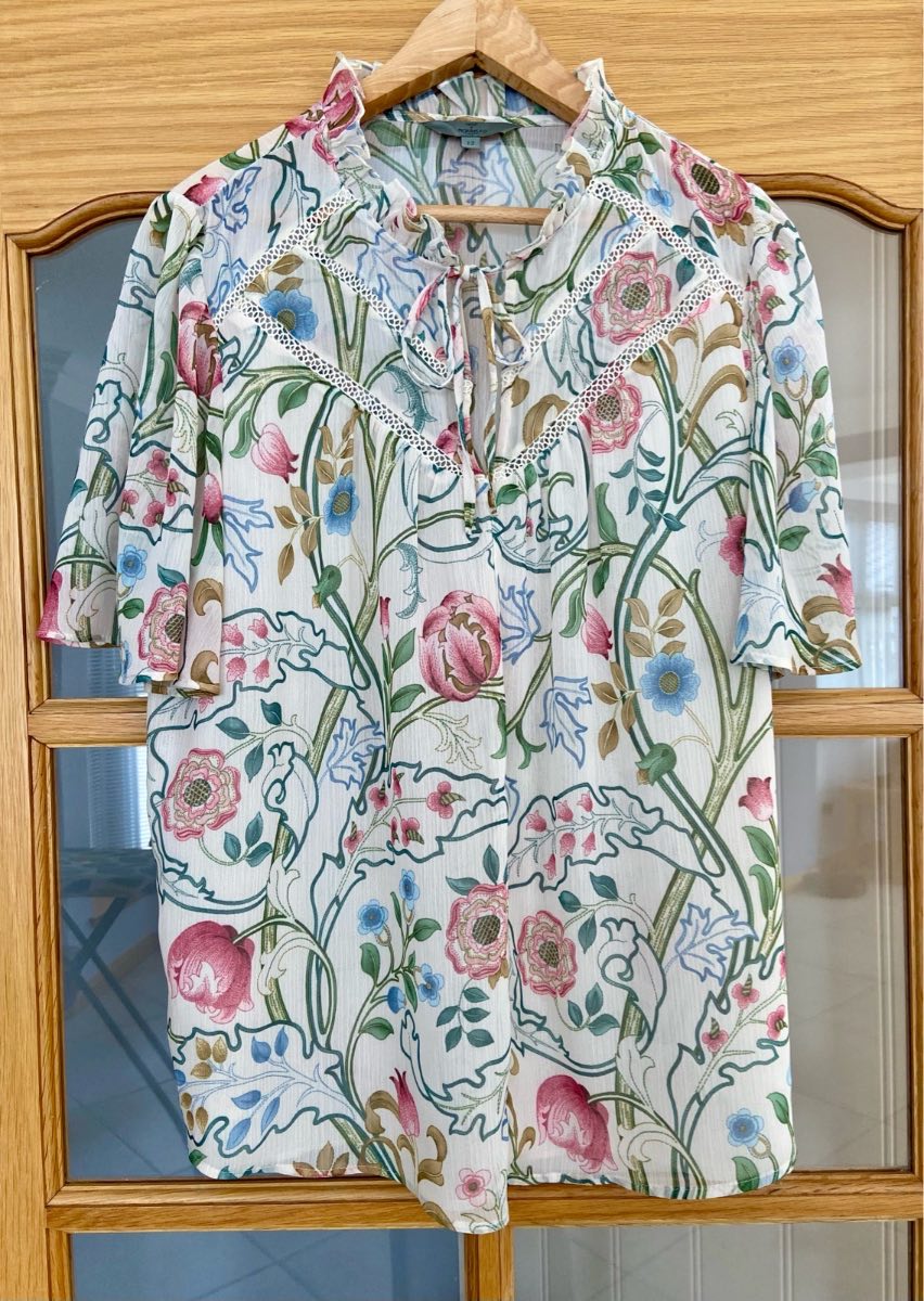 Next x Morris & Co Floral Sheer Blouse UK 12 Frill Neck Tie Front Boho