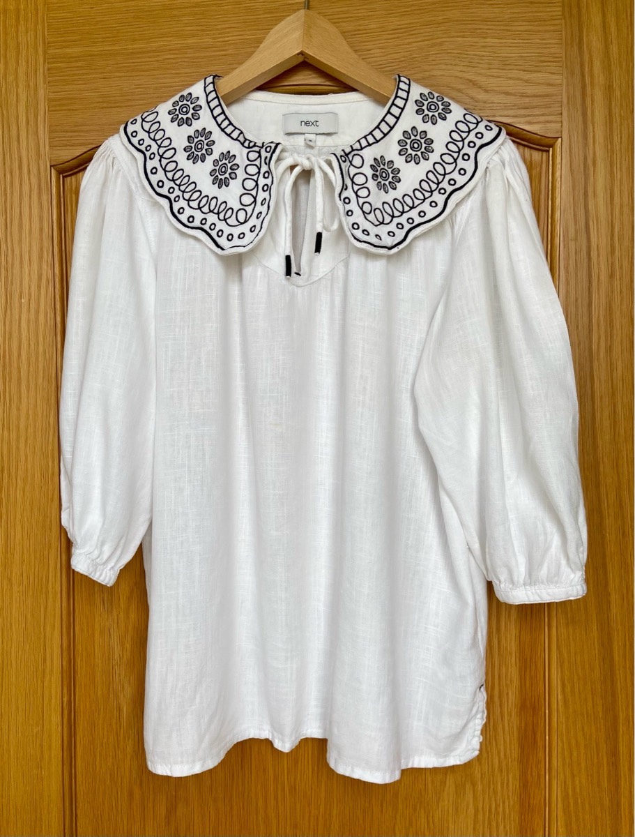 Next White Linen Blend Embroidered Peter Pan Collar Blouse UK 14 Boho Top