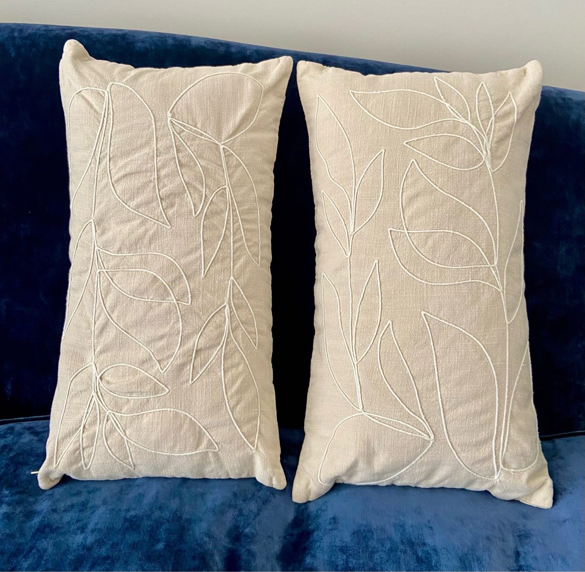 Anyday John Lewis Set of 2 Cream Embroidered Leaf Cushions 11” x 20”