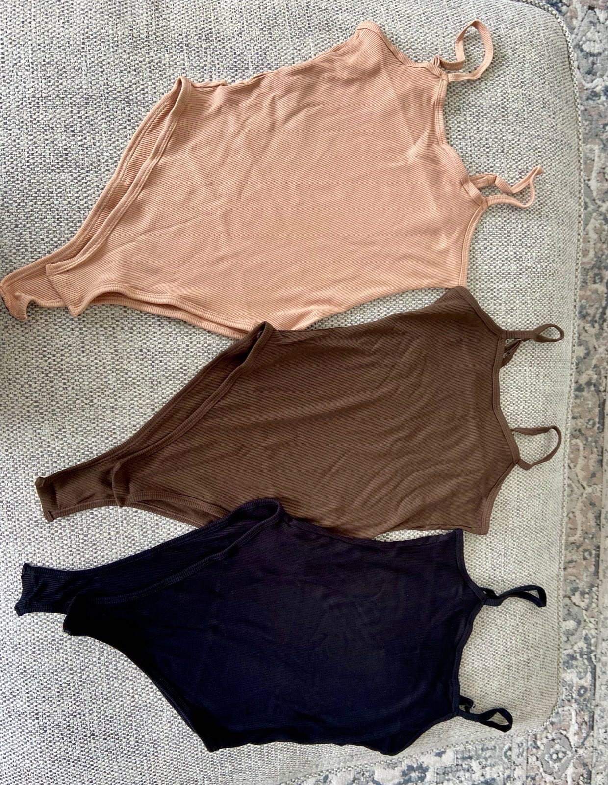 3 Pack Ribbed Bodysuits Black Brown Beige Size S – Brand New