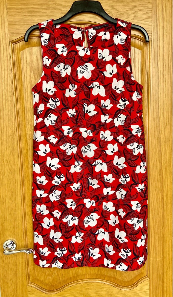 M&S Collection Red Linen Blend Floral Shift Dress UK 10 Sleeveless