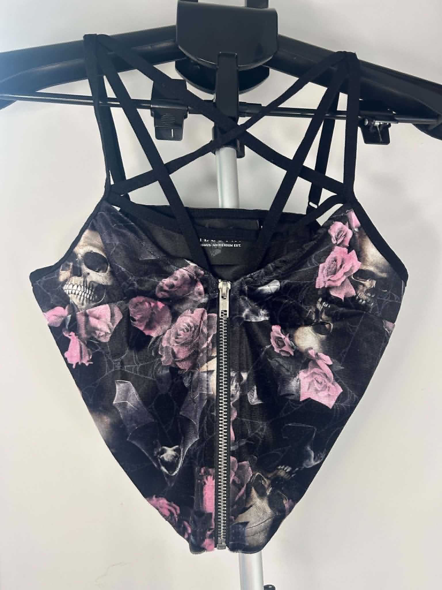 Killstar Black & Pink Skull & Rose Print Strappy Zip-Up Crop Top Medium