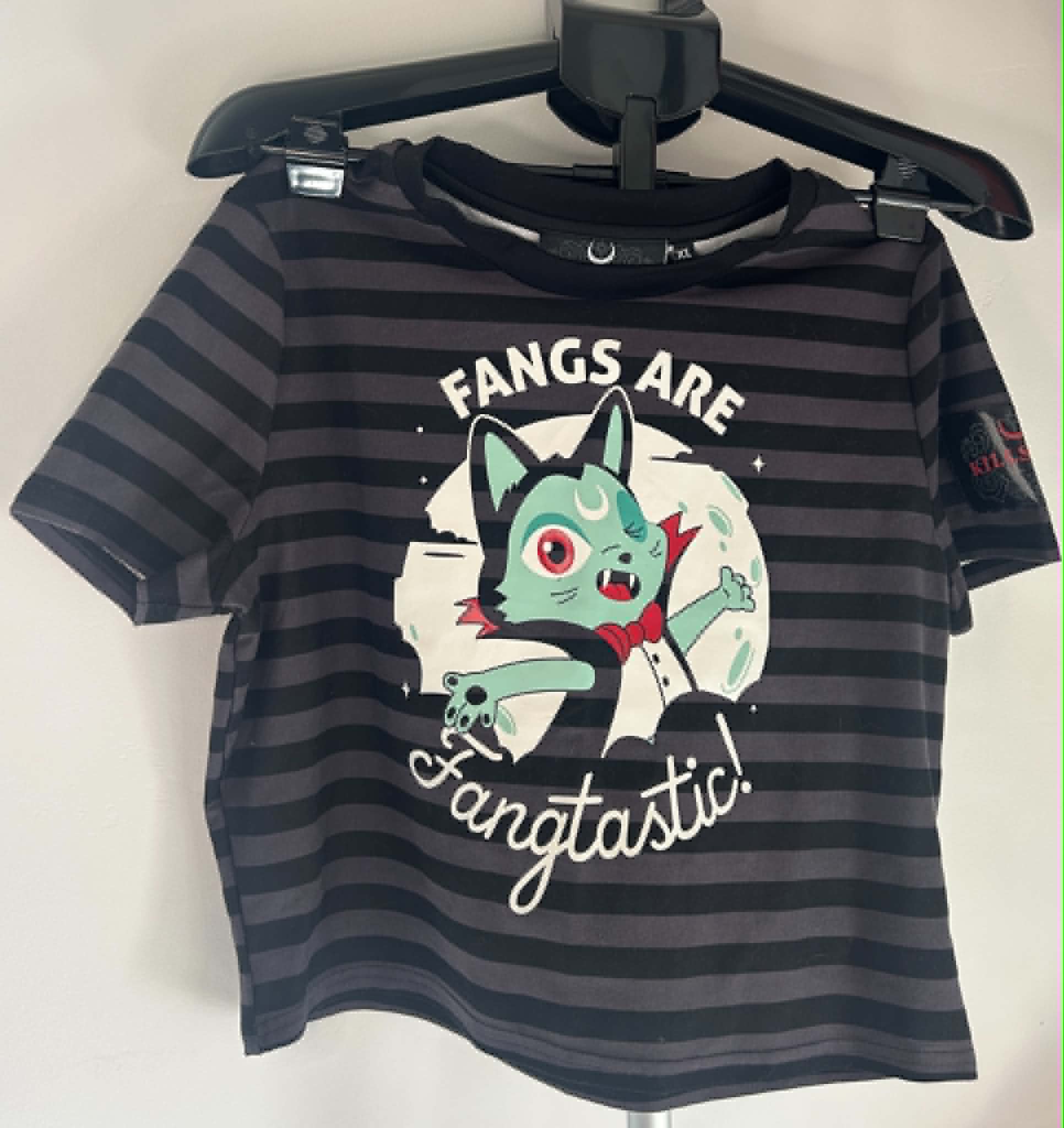 Killstar Black & Grey Striped Fangs Are Fangtastic T-Shirt sIZE XL