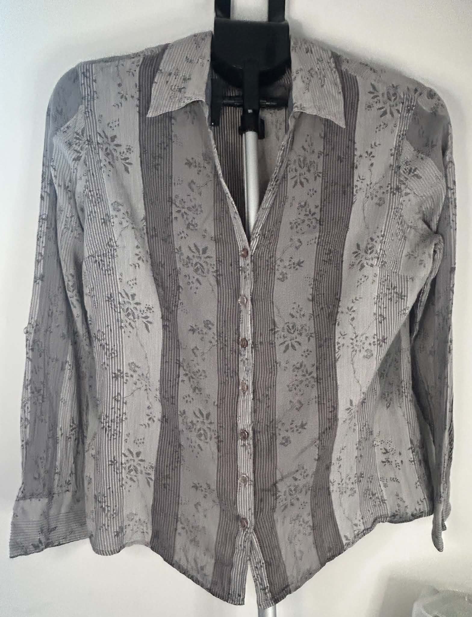 Patterned Grey Striped Floral Cotton Shirt Large