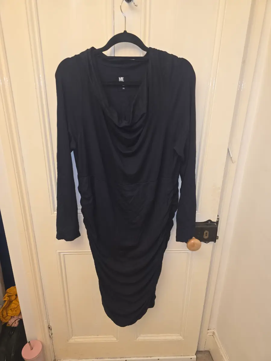 ME+EM XXL Navy Blue Cowl Neck Ruched Knee Length Bodycon Dress Long Sleeve
