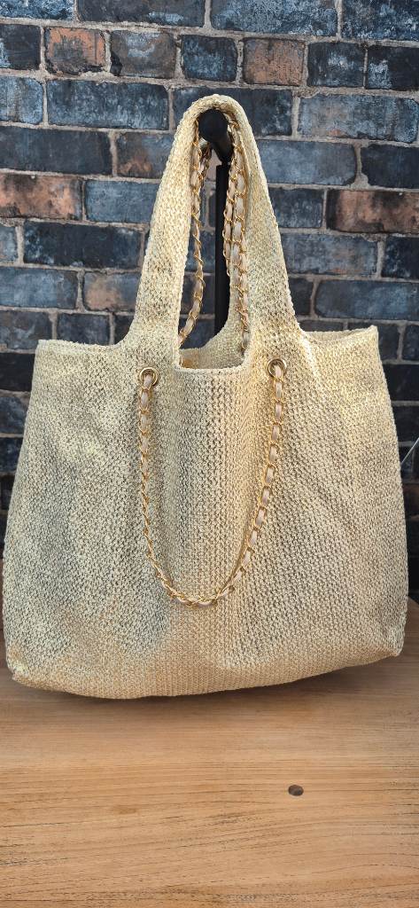 New gold and cream beach bag with chain detail